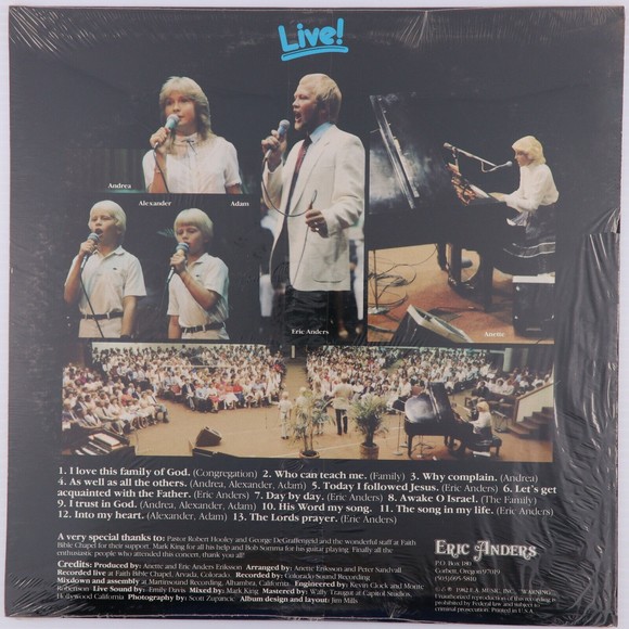 Eric Anders & Family Live! 1982 Faith Bible Arvada Co EA104 12" LP Record SEALED - Picture 2 of 6